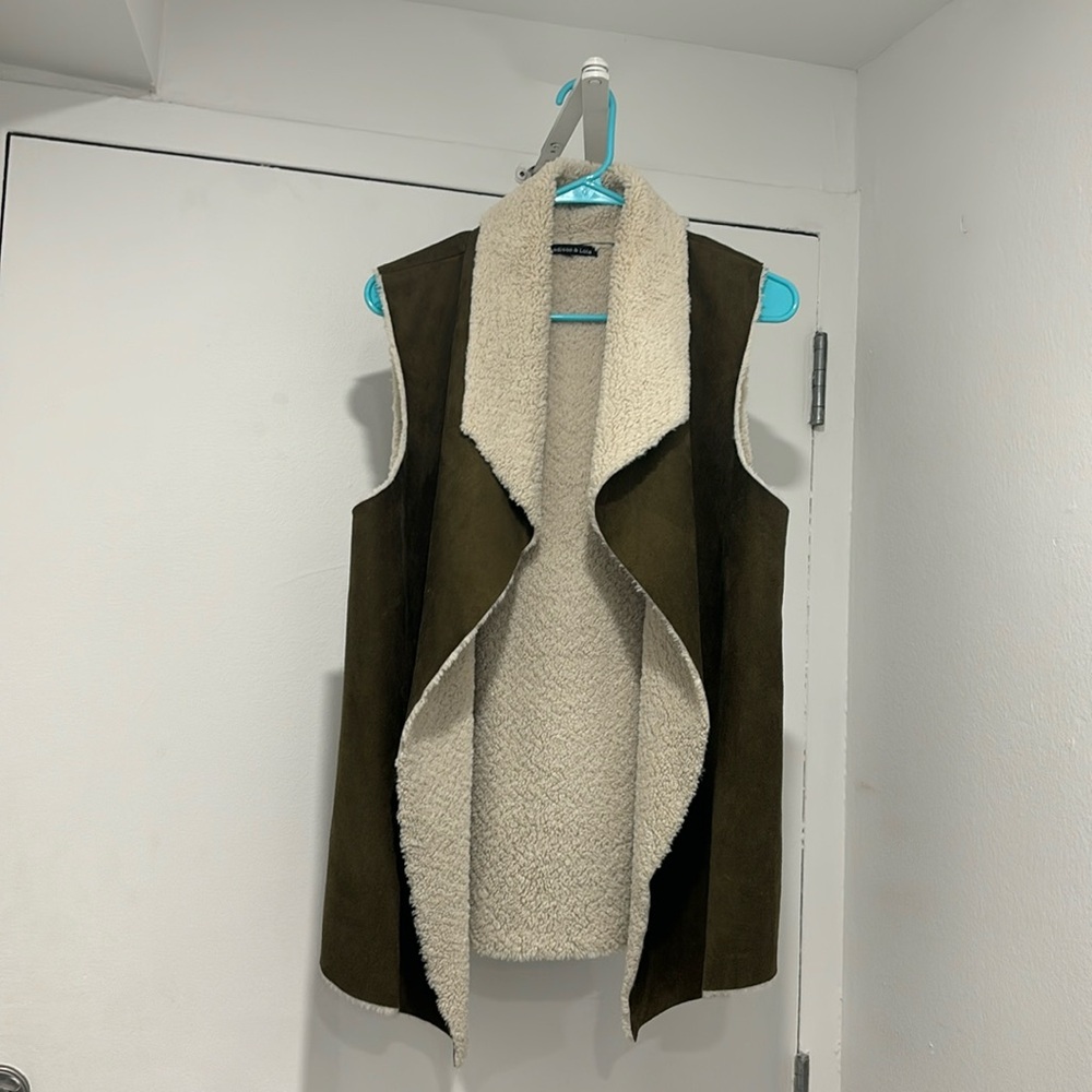 Olive green and cream Sherpa vest